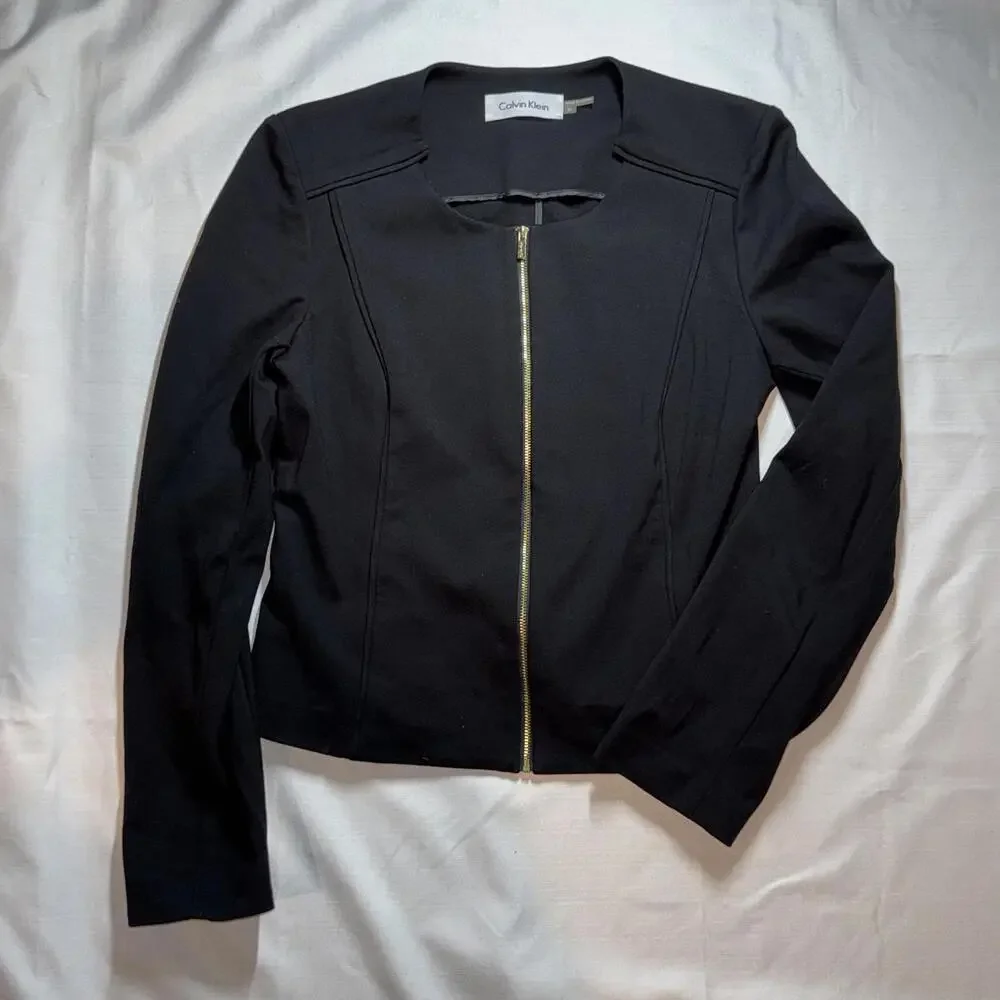 Women's Calvin Klein Zip Blazer Black Jacket Size 8 Workwear Classic Dressy